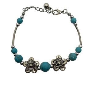 Turquoise Faux Stone Floral Beaded Adjustable Bracelet Boho Style Silver Tone 8"